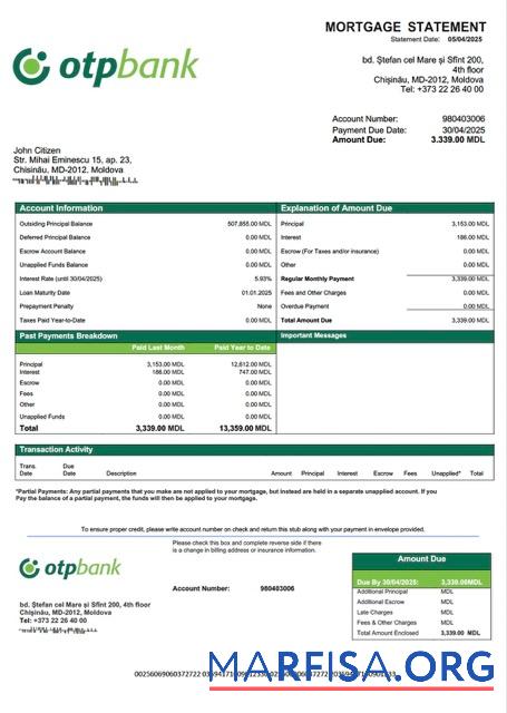 Printable Moldova OTP Bank mortgage statement Word and PDF template
